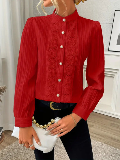 Langarm Bluse mit Spitze – Einfarbig, Texturiert, Knopfleiste