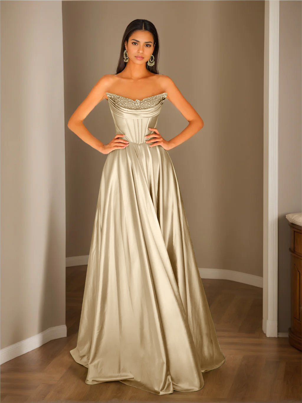 Trägerloses Plissiertes Abendkleid Für Damen | Maxi