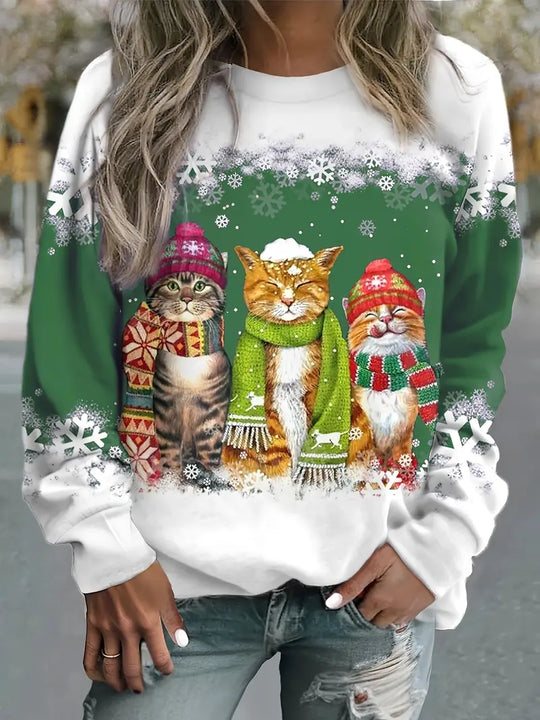 Weihnachtspullover Damen mit Katzendruck & Schneeflockendesign | Langarm