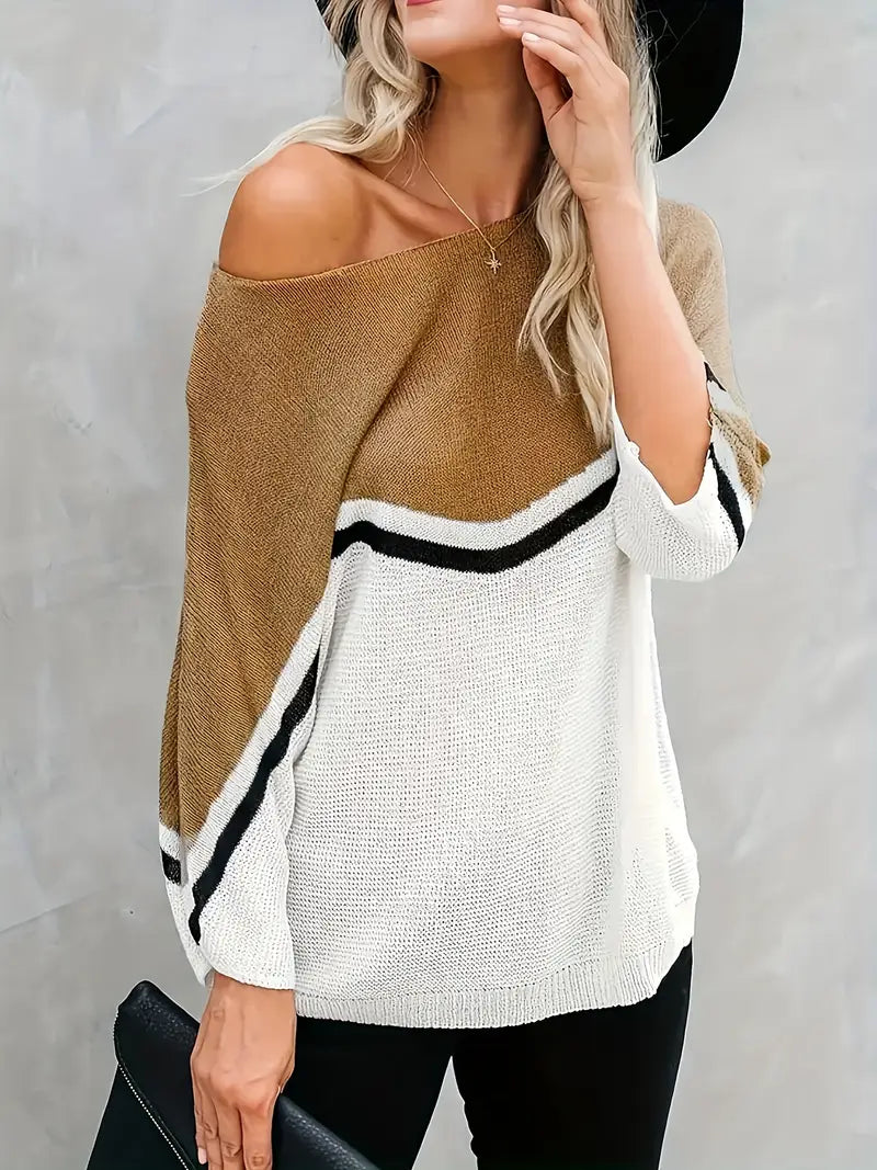Damen Color Block Pullover – Boatneck, Lässiger Langarm