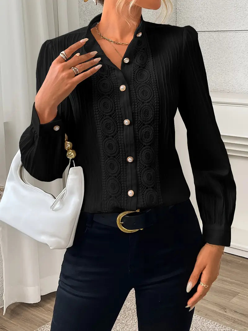 Langarm Bluse mit Spitze – Einfarbig, Texturiert, Knopfleiste