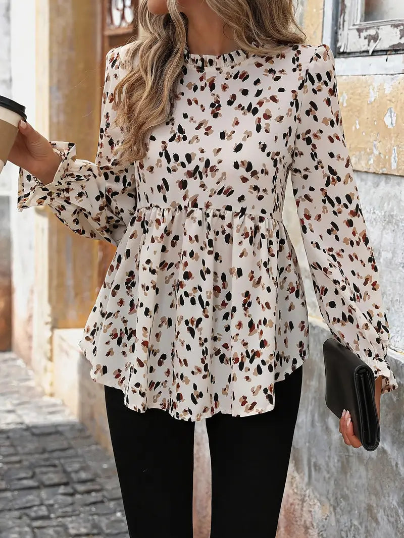 Damenbluse mit Allover-Print, Volantärmeln und Rüschen