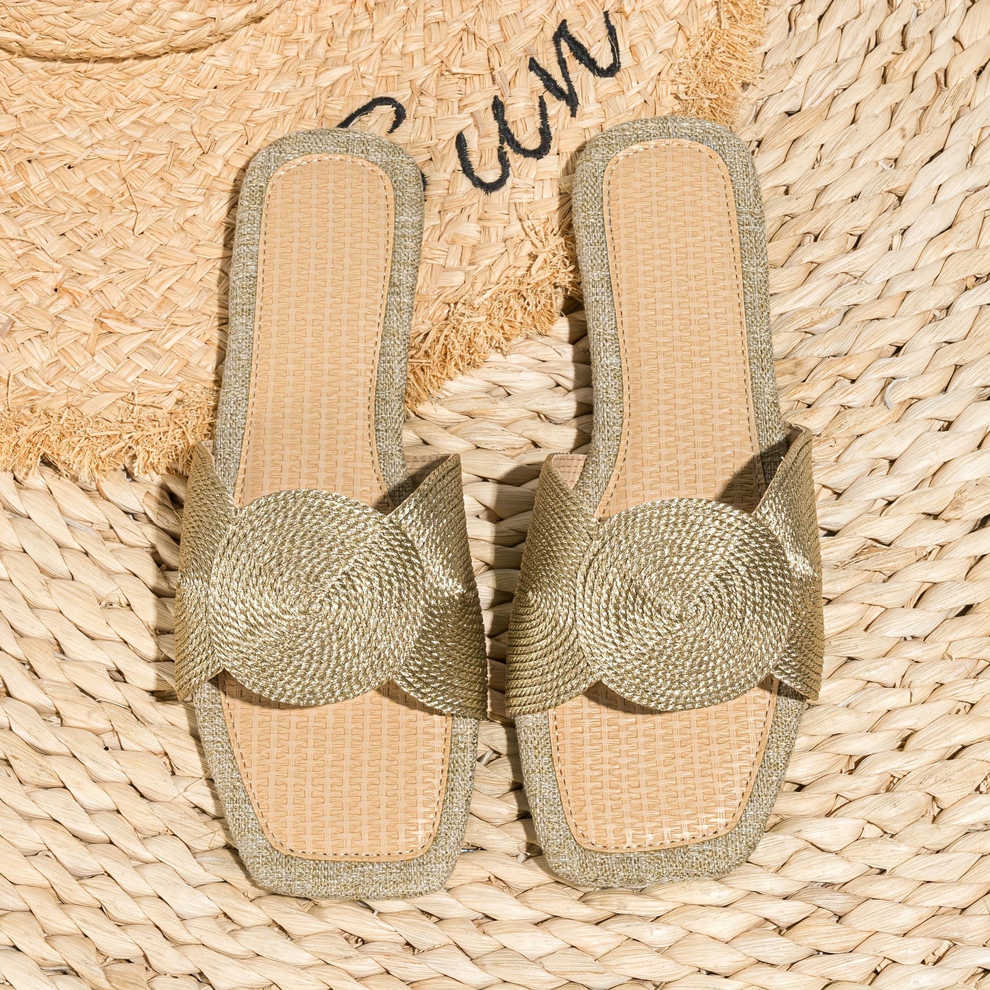 Gewebte Flache Slip-On Schuhe mit Geometrischer Stickerei, TPR-Sohle, Apricot
