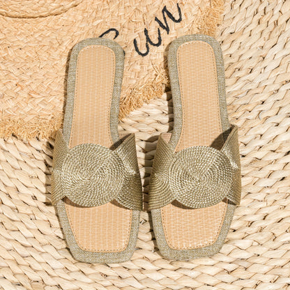 Gewebte Flache Slip-On Schuhe mit Geometrischer Stickerei, TPR-Sohle, Apricot