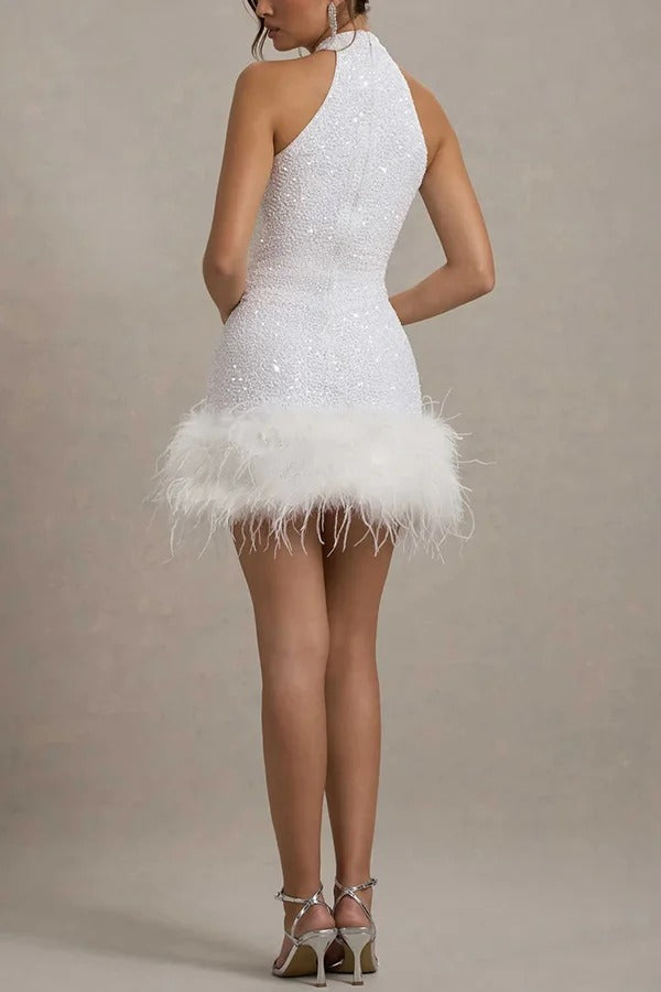 Damen Neckholder Paillettenkleid mit Feder Akzenten | Mini