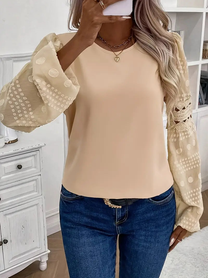 Damen Eyelet Bestickte Crew Neck Bluse, Elegante Langarm Bluse