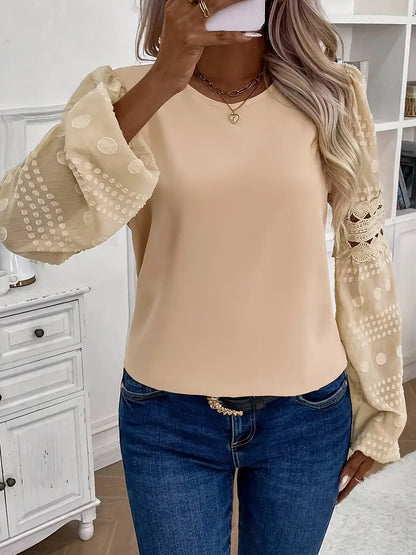 Damen Eyelet Bestickte Crew Neck Bluse, Elegante Langarm Bluse