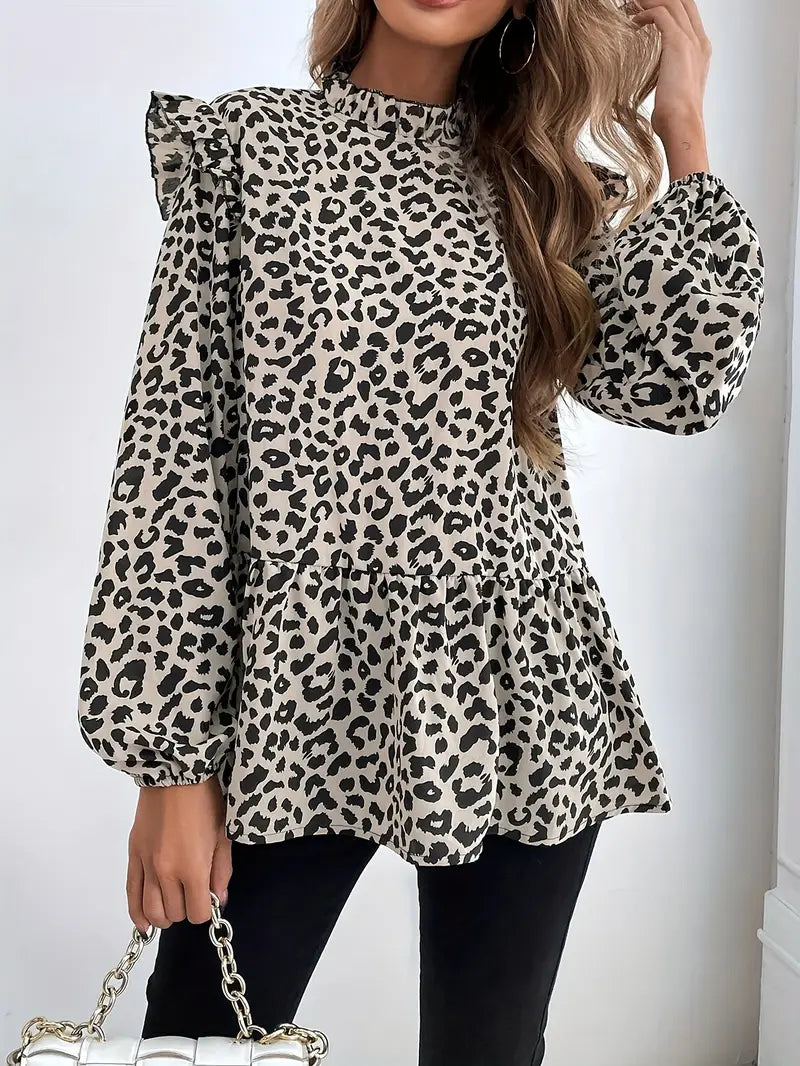 Leopardenmuster-Bluse mit Rüschen, Elegante Langarmbluse