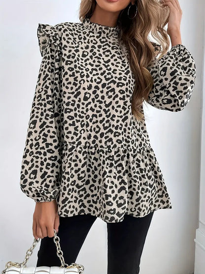 Leopardenmuster-Bluse mit Rüschen, Elegante Langarmbluse