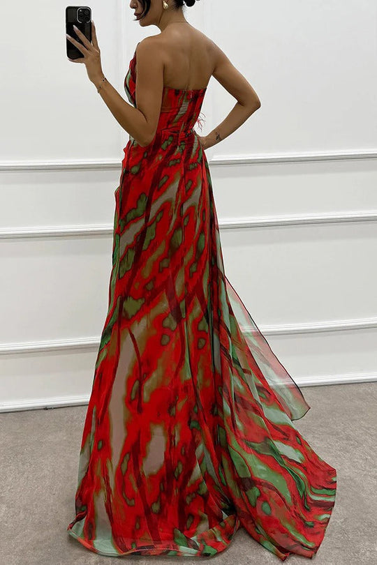 Damen Ein-Schulter Bedrucktes Hochzeitsgast Kleid | Maxi