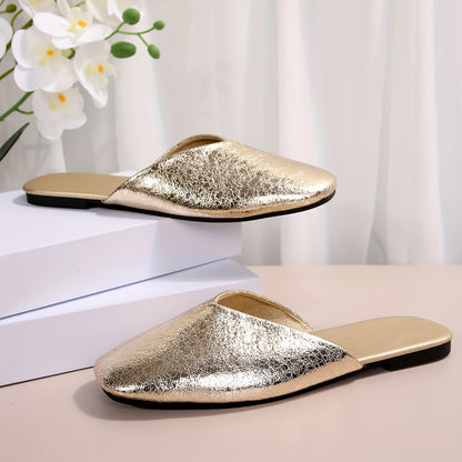Damen Retro-Flache Mules, Goldene Slip-On Loafer mit Gummisohle