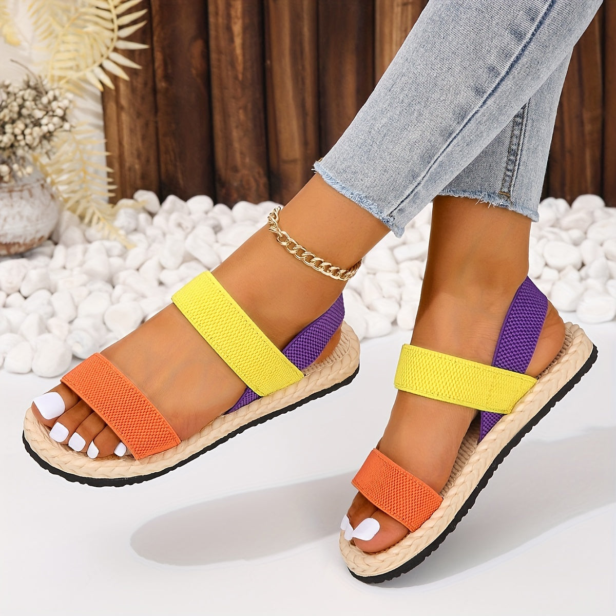 Offene Zehen, Elastische Riemen Slip-On, Imitation Espadrille Sohle, Strandschuhe