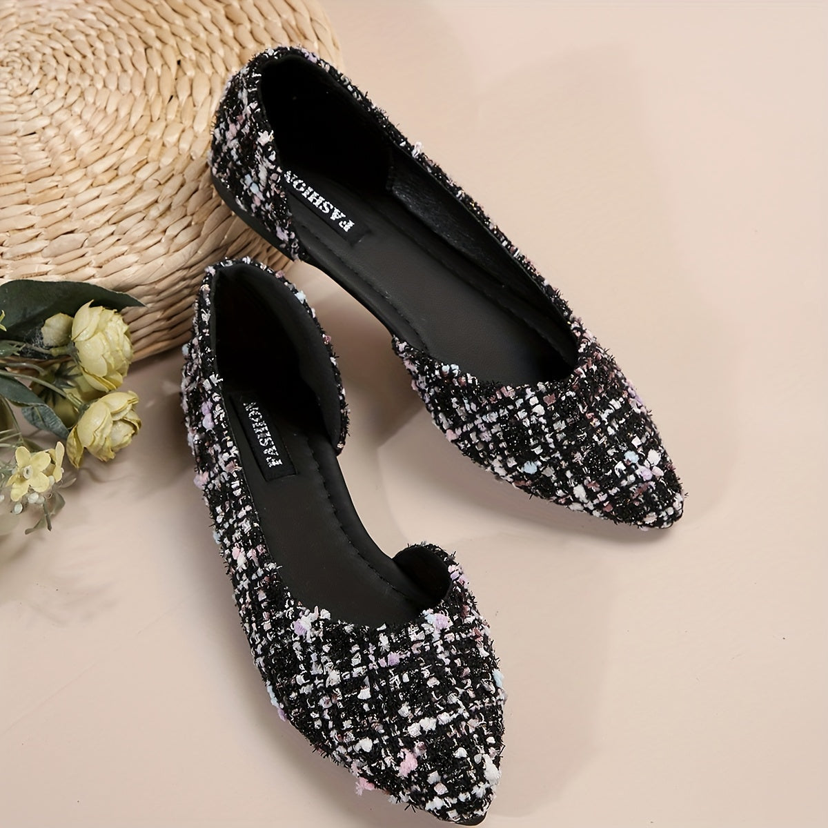 Elegante spitze Zehe Flats, Seite Ausgeschnittener Tweed-Slip-On Schuhe
