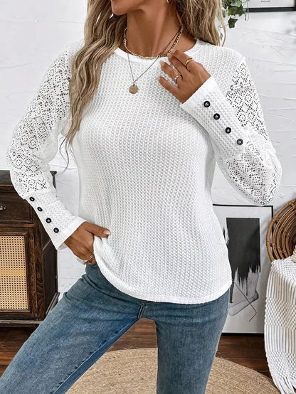 Top mit Rundhalsausschnitt und Knopfdekor aus Spitze, Elegante Frauen Bluse in Weiß