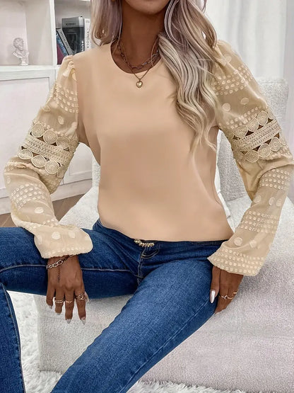 Damen Eyelet Bestickte Crew Neck Bluse, Elegante Langarm Bluse