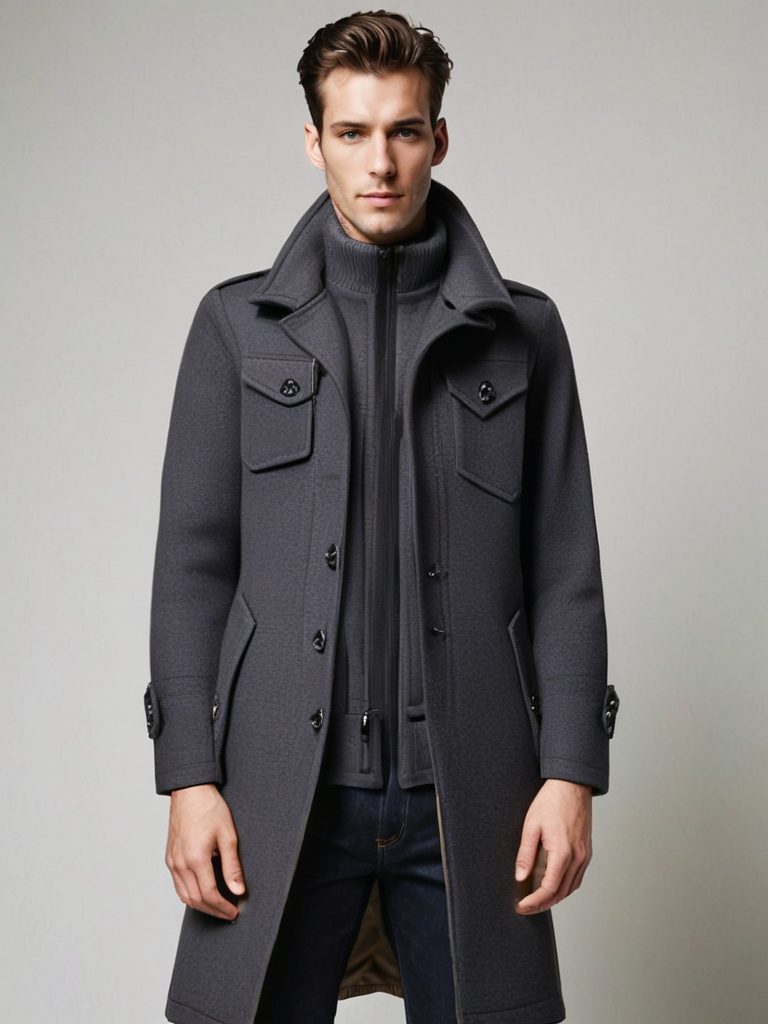 Herren Doppellagiger Wintermantel mit Reißverschluss und Knöpfen | Warme