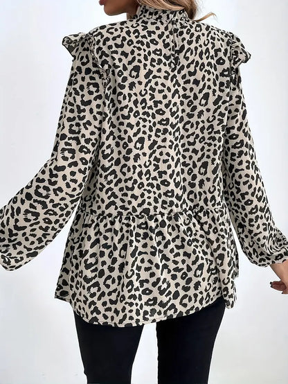 Leopardenmuster-Bluse mit Rüschen, Elegante Langarmbluse