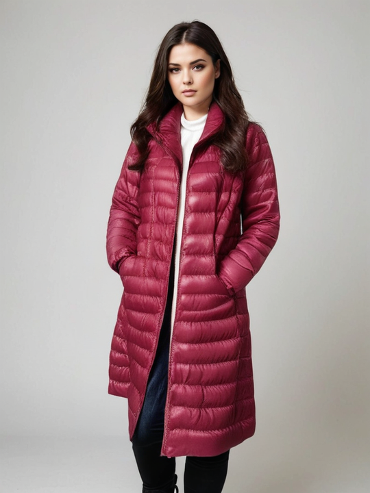 Damen Lange Pufferjacke mit Kapuze | Reißverschluss
