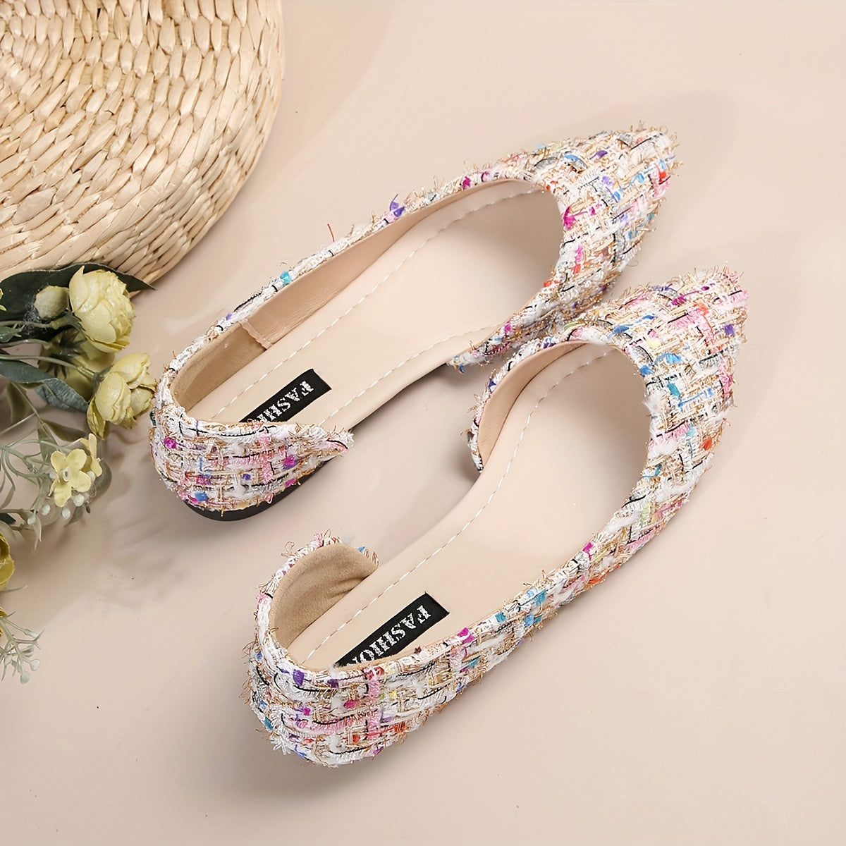 Elegante spitze Zehe Flats, Seite Ausgeschnittener Tweed-Slip-On Schuhe