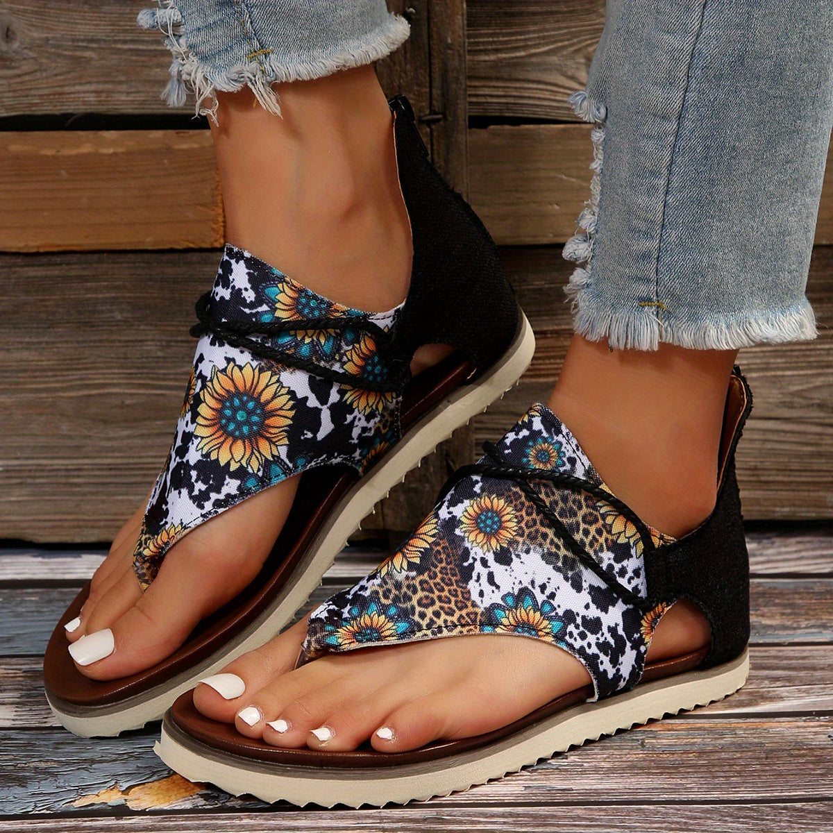 Flip-Flops mit Sonnenblumen Leopard Print und Batik-Muster