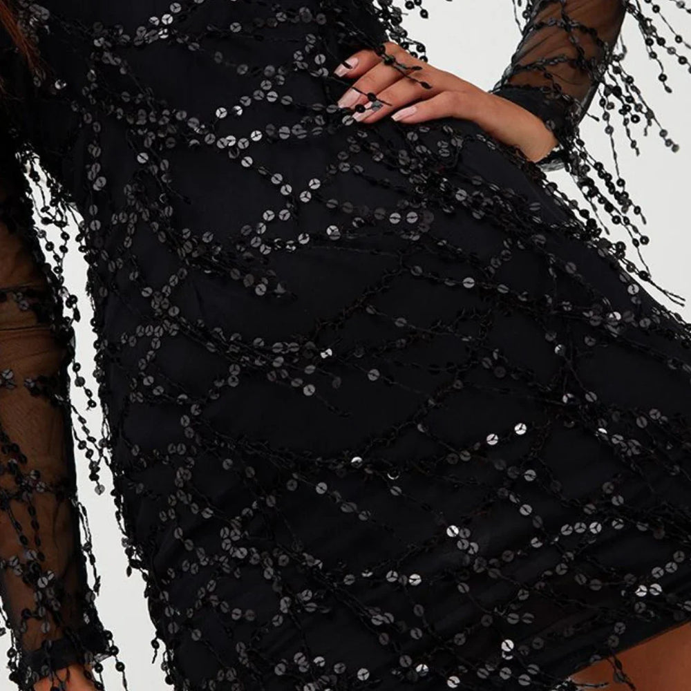 Schwarzes Pailletten-Abendkleid für Damen | Mini