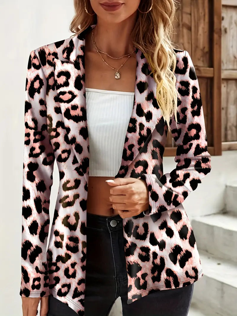 Leopard Print Blazer mit Ein-Knopf, Lässiges Revers Langarmshirt Damenjacke