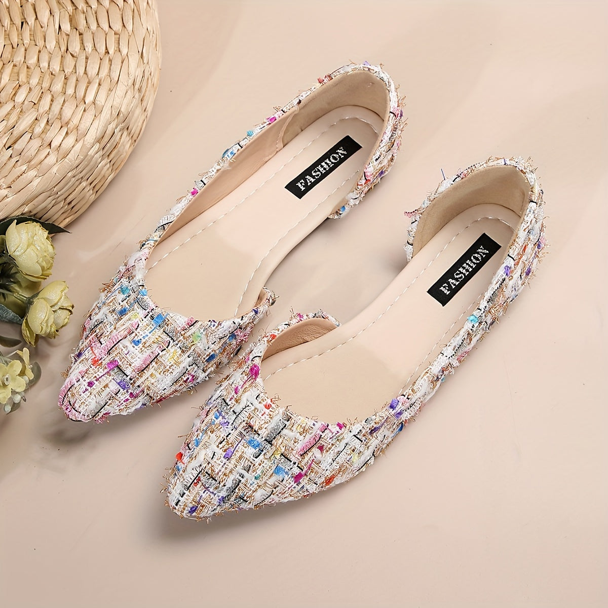 Elegante spitze Zehe Flats, Seite Ausgeschnittener Tweed-Slip-On Schuhe