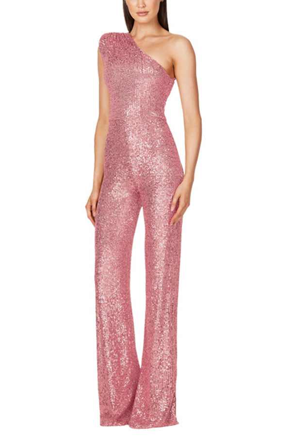 Weit Geschnittener Pailletten Jumpsuit Für Damen | Ein Schulter