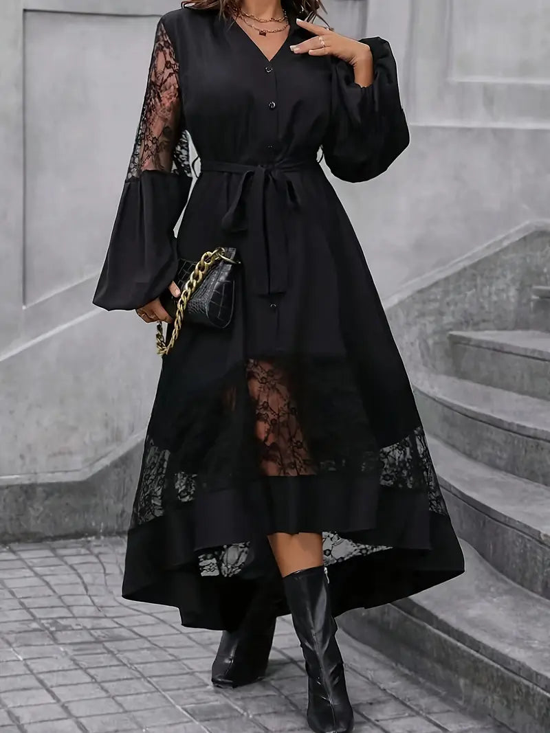 Elegantes Damen V-Ausschnitt-Kleid mit Knopfleiste und Spitzendetails