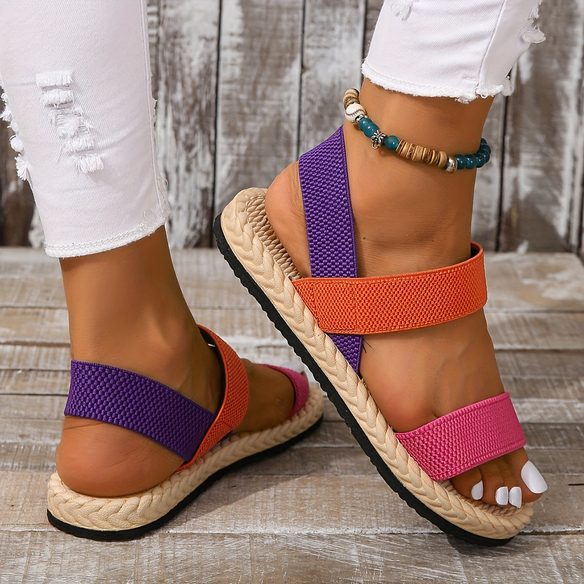 Offene Zehen, Elastische Riemen Slip-On, Imitation Espadrille Sohle, Strandschuhe