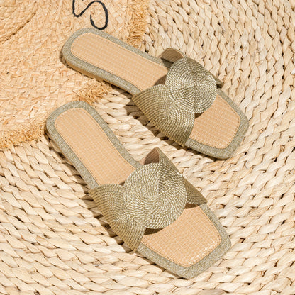 Gewebte Flache Slip-On Schuhe mit Geometrischer Stickerei, TPR-Sohle, Apricot