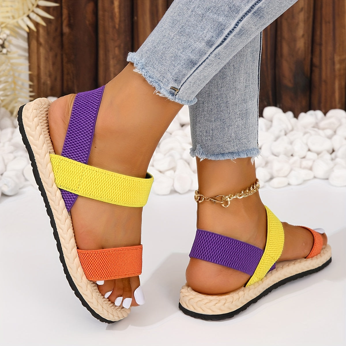Offene Zehen, Elastische Riemen Slip-On, Imitation Espadrille Sohle, Strandschuhe