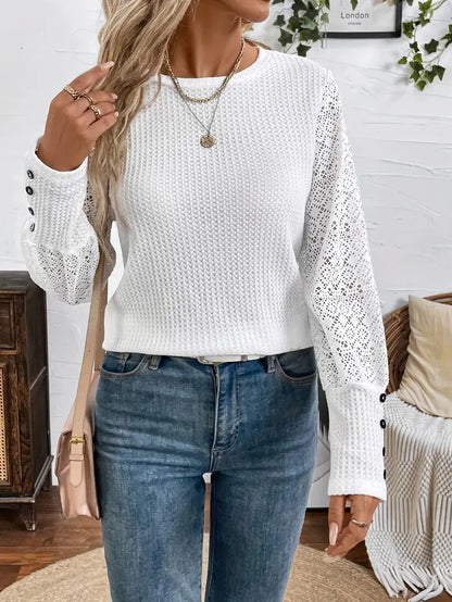 Top mit Rundhalsausschnitt und Knopfdekor aus Spitze, Elegante Frauen Bluse in Weiß
