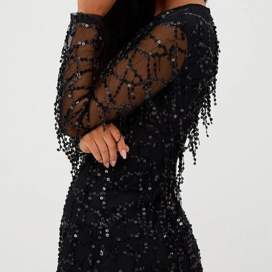 Schwarzes Pailletten-Abendkleid für Damen | Mini