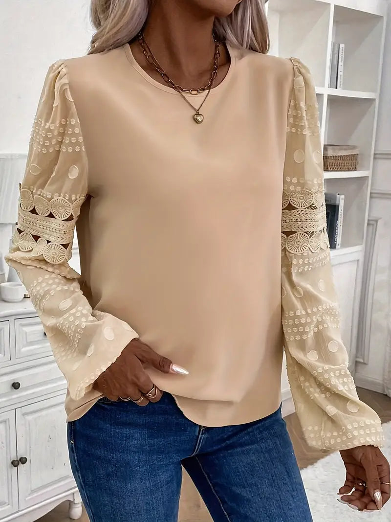 Damen Eyelet Bestickte Crew Neck Bluse, Elegante Langarm Bluse