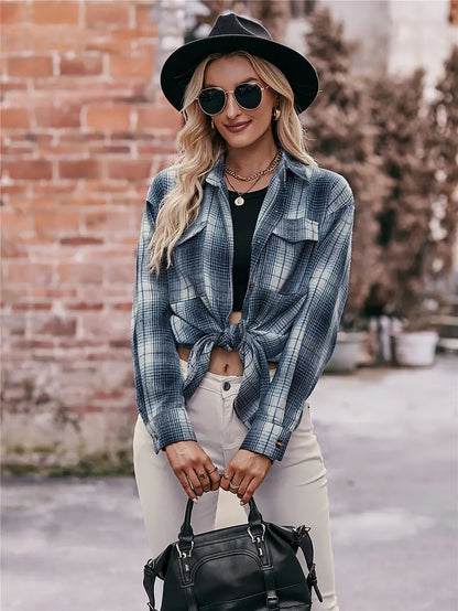 Plaid Knopfleiste Bluse, Elegante Langarm Hemdbluse für Frauen