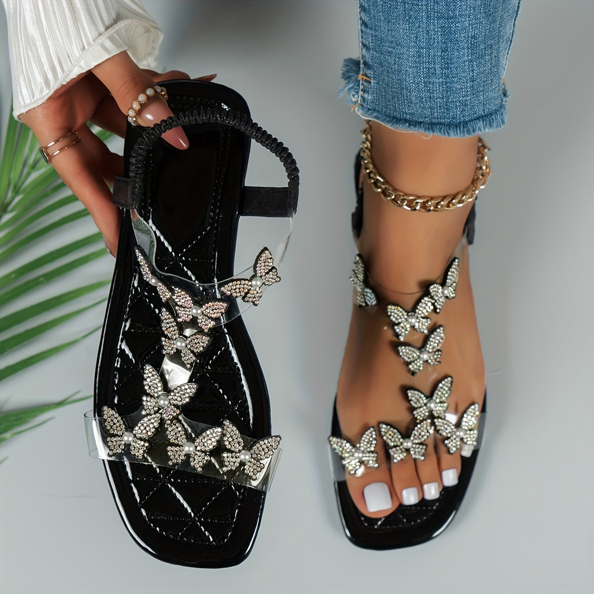 Flache Sandalen mit Strass-Schmetterlingen für Damen, Leichte Sommer