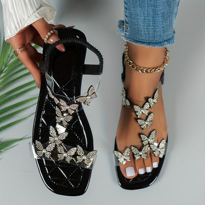 Flache Sandalen mit Strass-Schmetterlingen für Damen, Leichte Sommer
