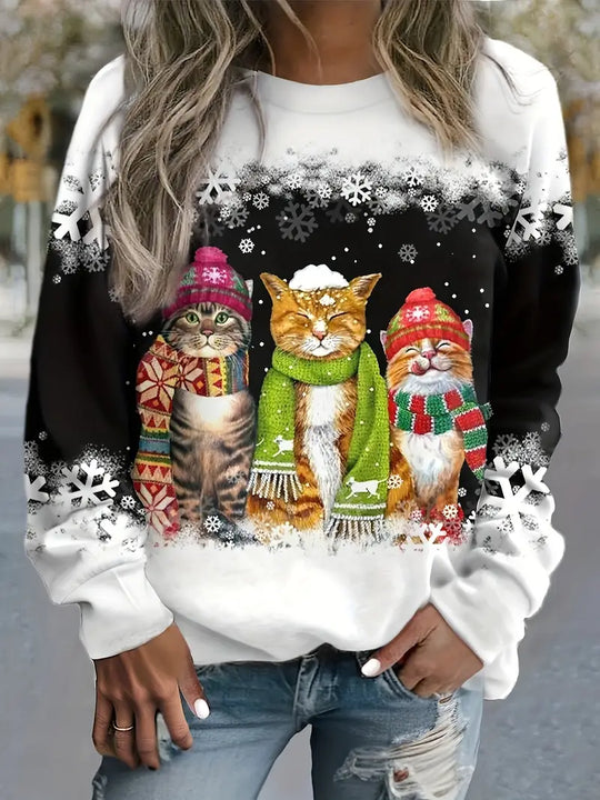 Weihnachtspullover Damen mit Katzendruck & Schneeflockendesign | Langarm