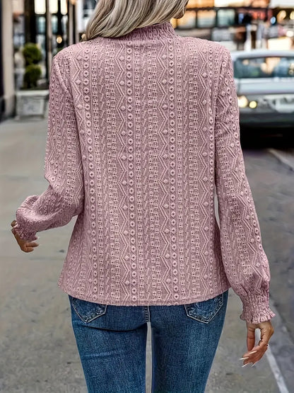 Damenbluse mit Jacquard-Details, Langarm, Halbtransparent