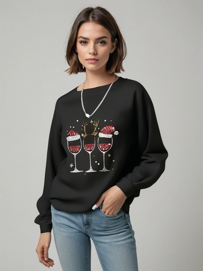 Weihnachtspullover für Damen mit Weinglas und Weihnachtsmannmütze