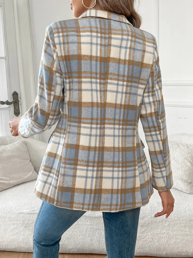 Plaid Damenblazer in Hellblau – Eleganter Langärmeliger Büro-Look