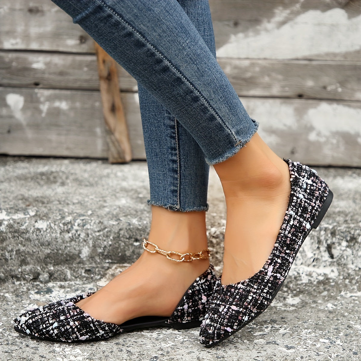 Elegante spitze Zehe Flats, Seite Ausgeschnittener Tweed-Slip-On Schuhe