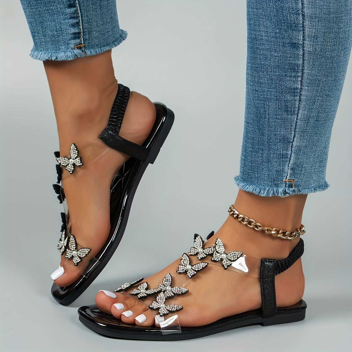 Flache Sandalen mit Strass-Schmetterlingen für Damen, Leichte Sommer