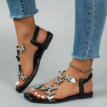 Flache Sandalen mit Strass-Schmetterlingen für Damen, Leichte Sommer