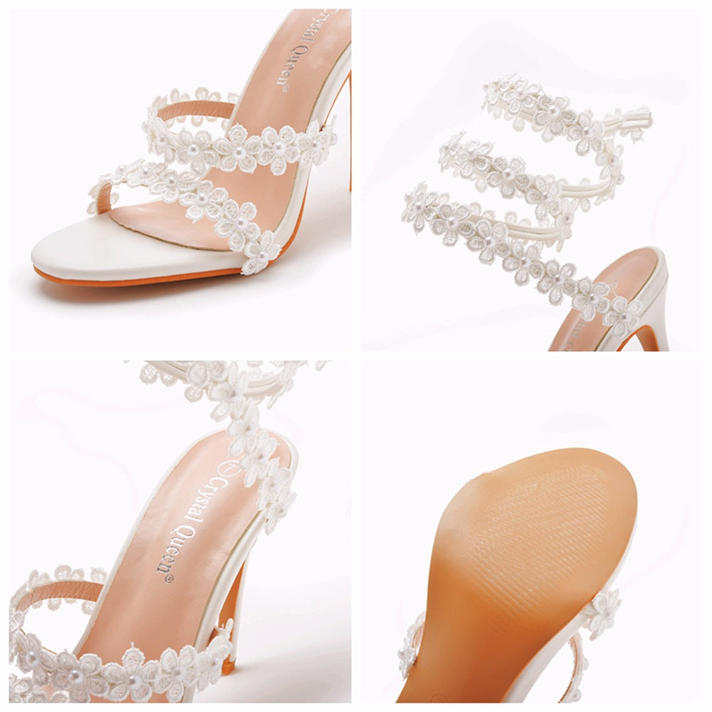 Damen Blumen Offene Zehe Hochzeit Gast High Heels | Knöchelwickel