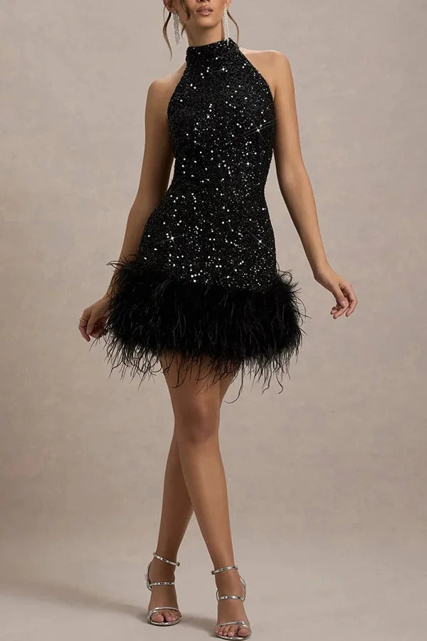 Damen Neckholder Paillettenkleid mit Feder Akzenten | Mini