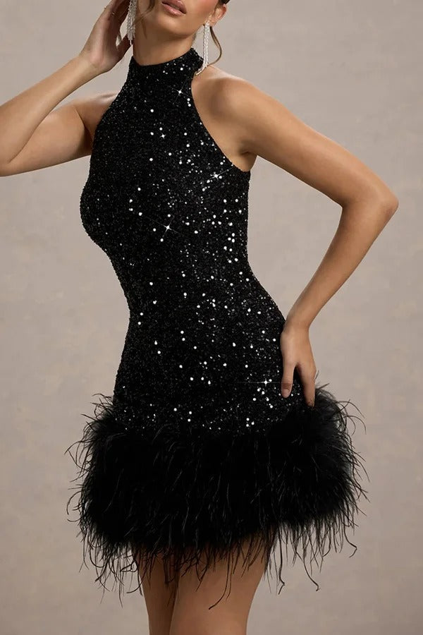 Damen Neckholder Paillettenkleid mit Feder Akzenten | Mini