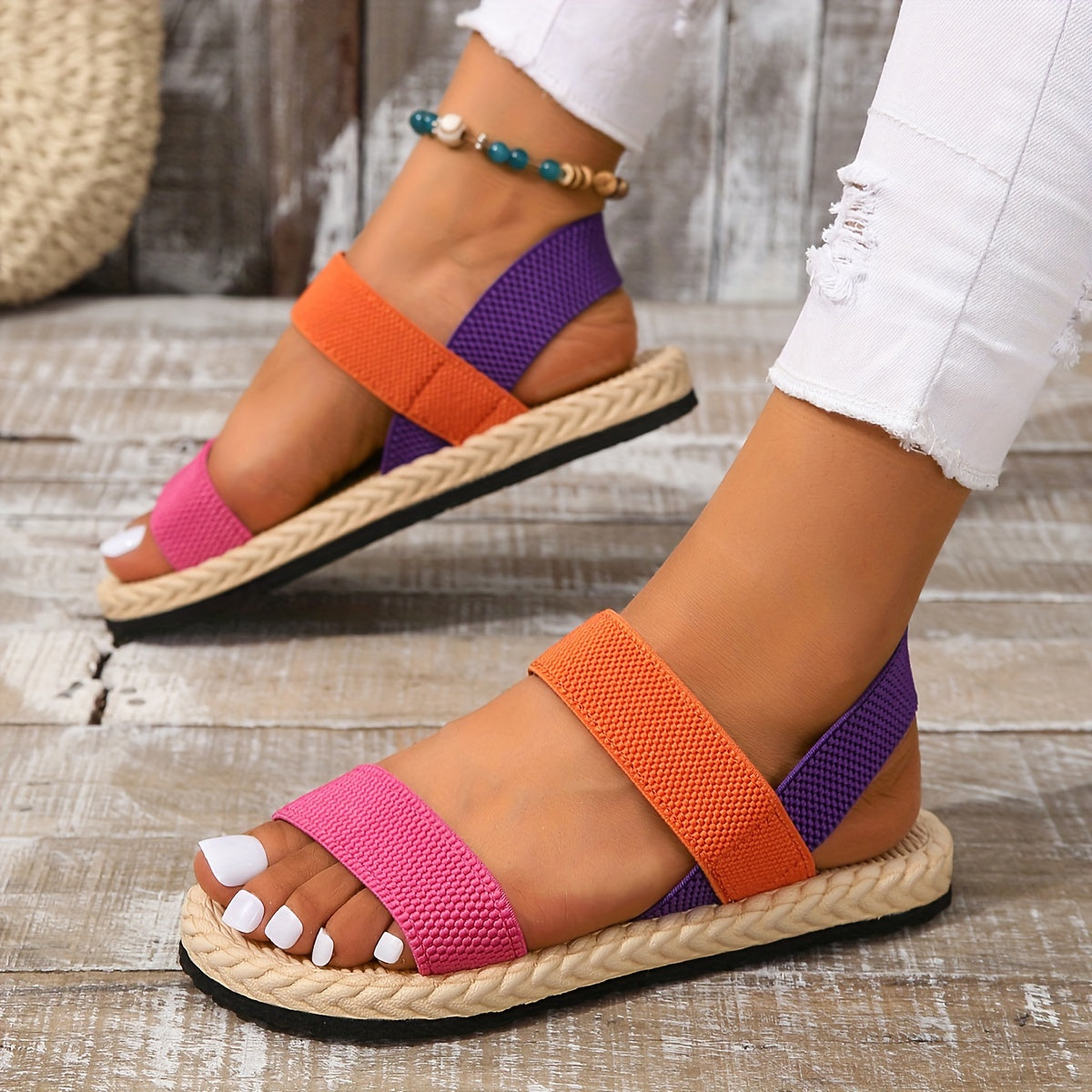 Offene Zehen, Elastische Riemen Slip-On, Imitation Espadrille Sohle, Strandschuhe