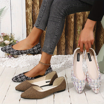 Elegante spitze Zehe Flats, Seite Ausgeschnittener Tweed-Slip-On Schuhe